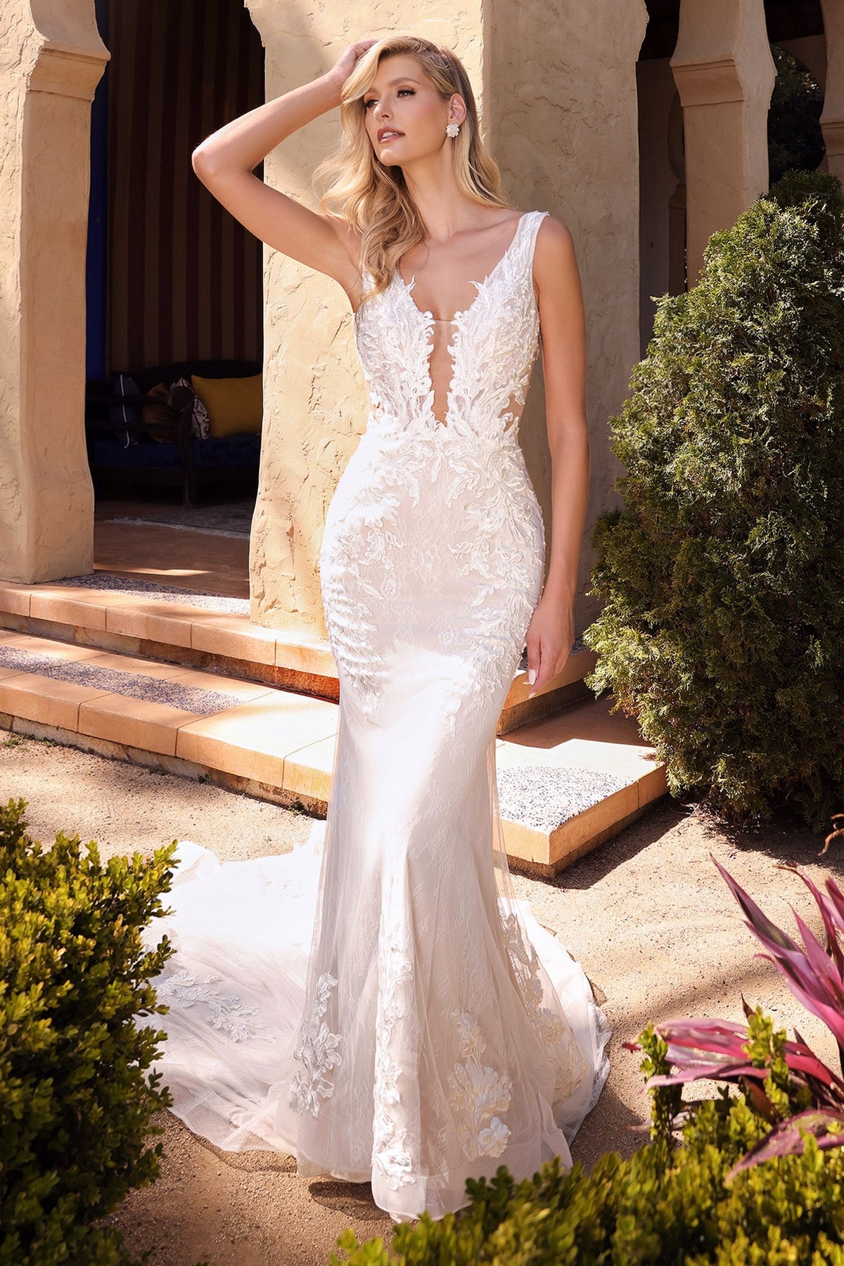 Avery Lace Bodice Illusion V-Neck Long Wedding Dress CDA1072W